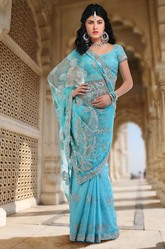 Turquoise Blue Embroidered Designer Saree