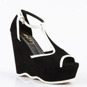 Yves Saint Laurent Black Suede and leather T-bar wedge sandals Wholesa